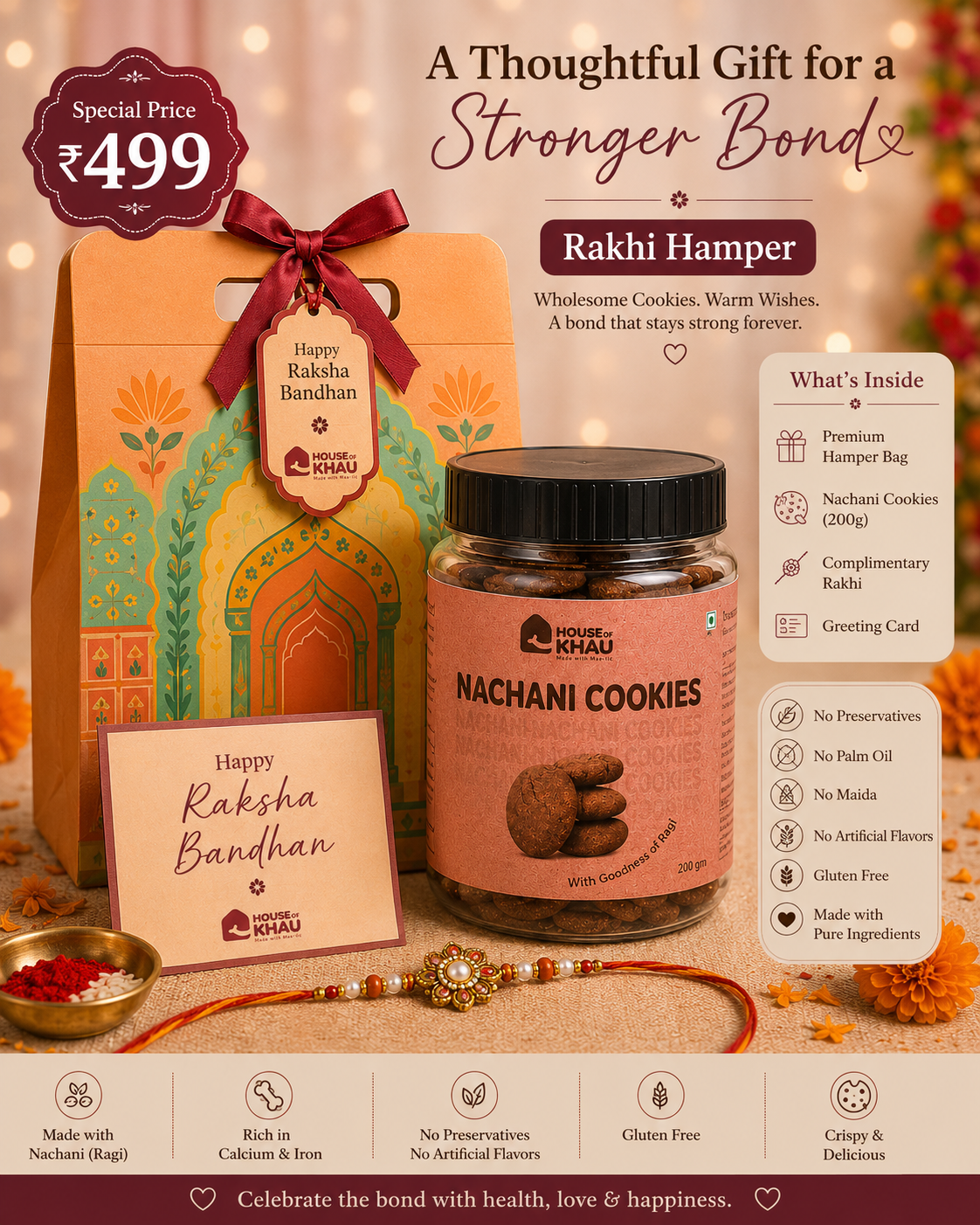 Healthy Rakhi Hamper with Nachni Cookies | Rakhi & Greeting Card | House of Khau